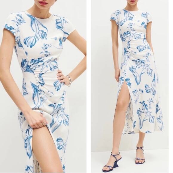 Reformation Frasier Floral Lisse Cap Sleeve Button Front Ruched Midi Dress Sz 18 - Picture 3 of 10